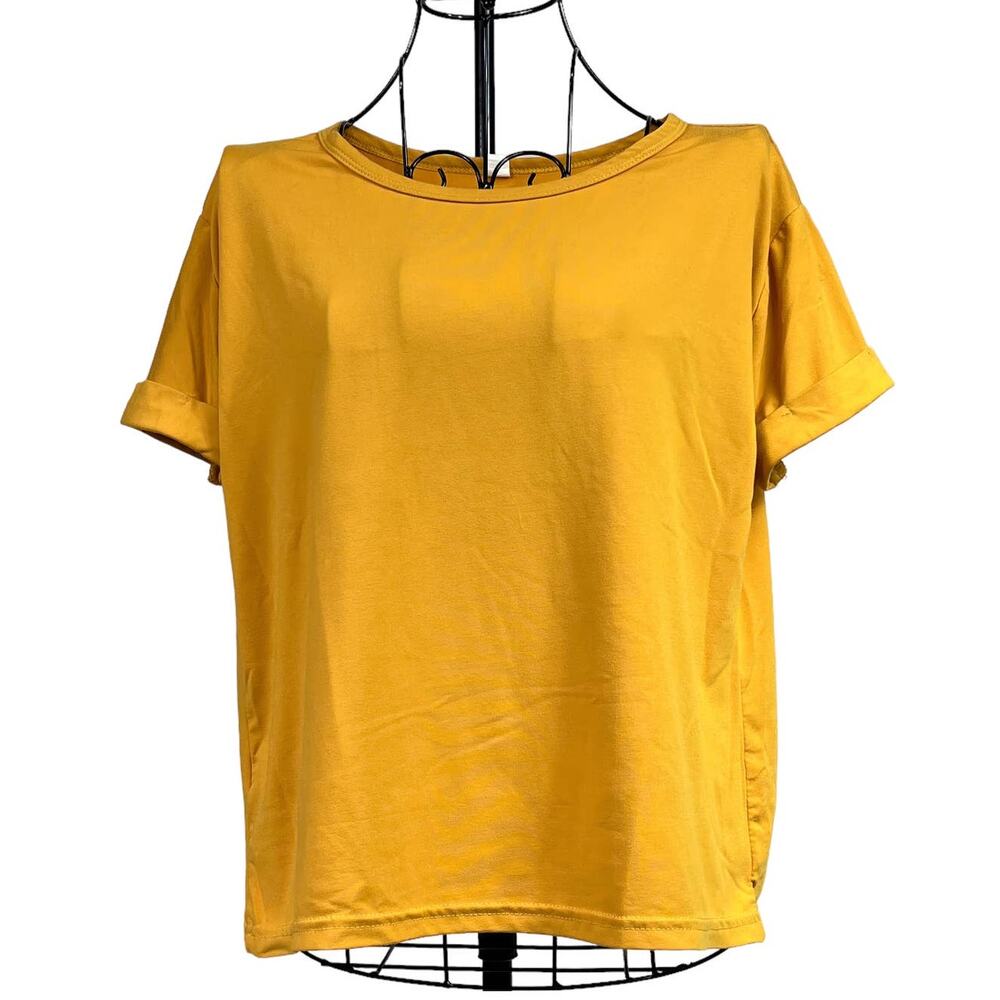 Soft Stretchy Mustard Yellow Boat Neck Tee Shirt Top Cuffed Short Sleeves Medium